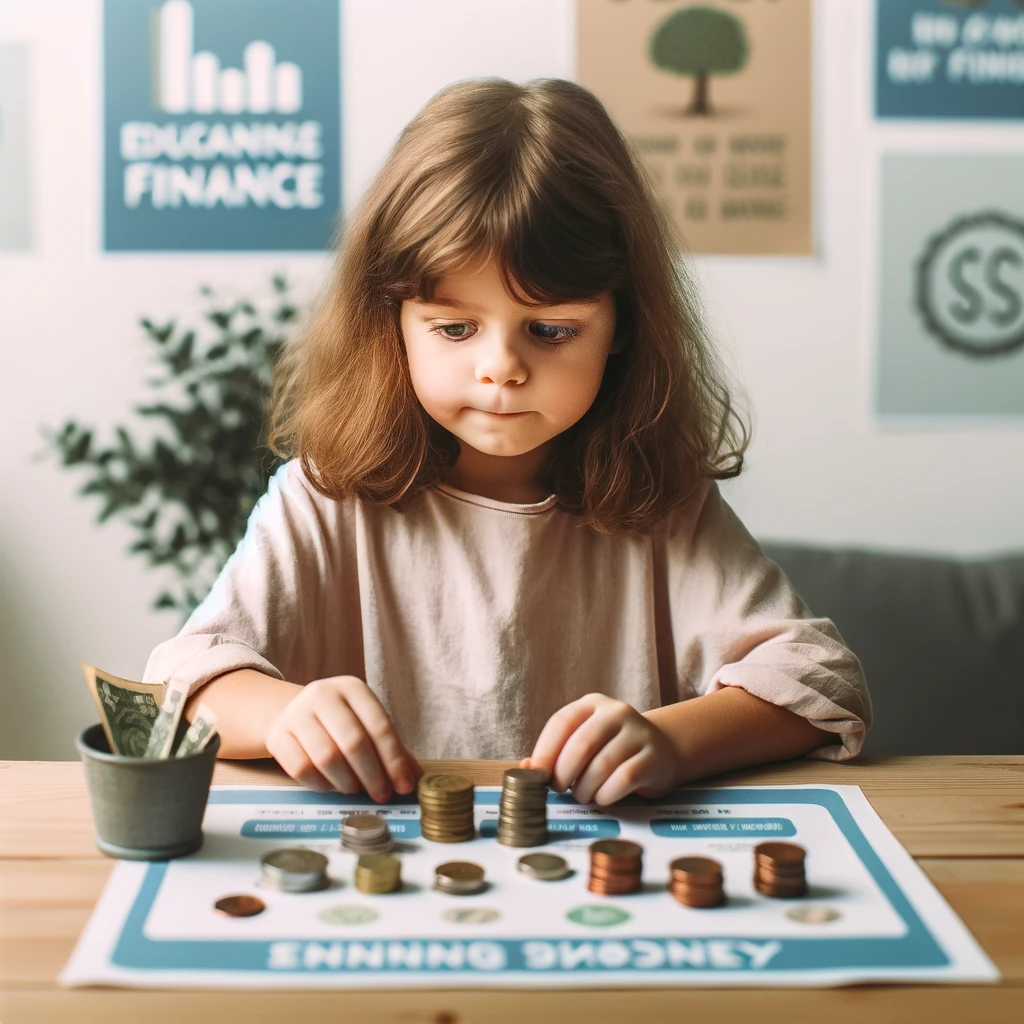 Little girl with coins in front of her looking confused and realizing it's important Helping Our Kids Be Money-Smart