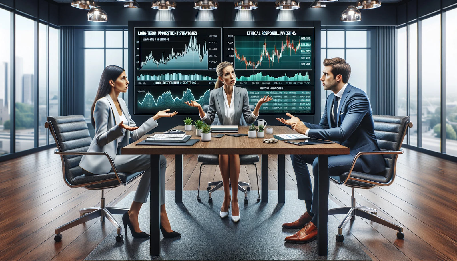 A group of business people in a board room discussing how your choice of investment advisor can shape your financial future.